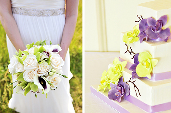 Wedding bouquet and cake with white roses and orchids
