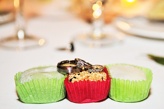 Wedding rings atop mochi dessert treats