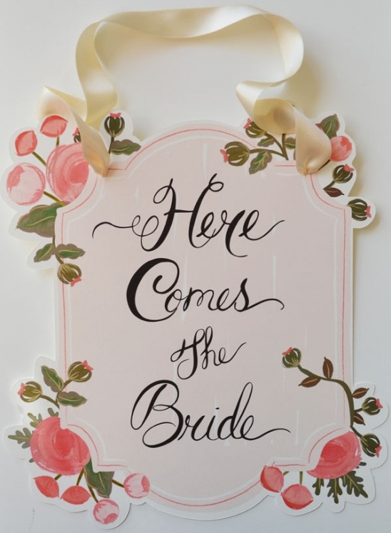 Here Comes the Bride wedding sign with floral design