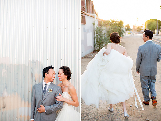 Happy couple on their wedding day, bride and groom walking together