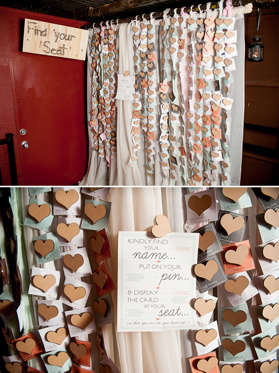Wedding seating chart with hearts and name cards