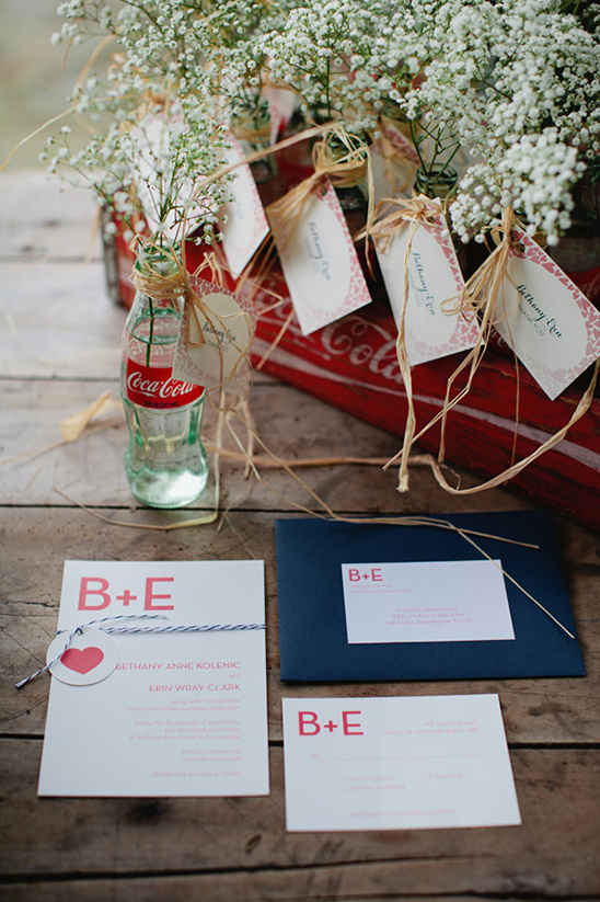 Wedding invitation with baby's breath and Coca-Cola bottles