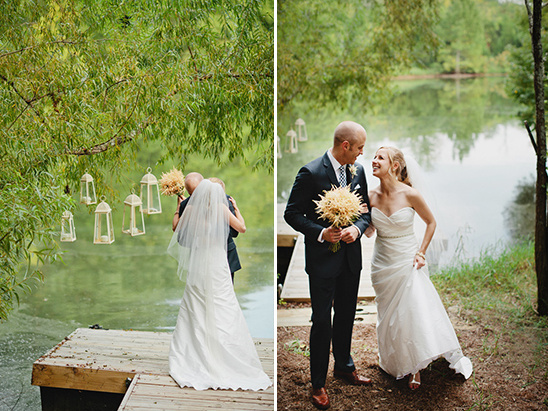 Couple wedding by lake with lanterns