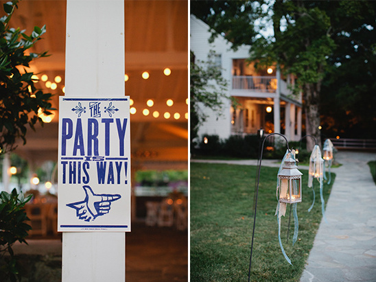 Wedding party direction sign with lanterns