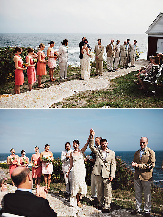 Oceanfront wedding ceremony with happy couple