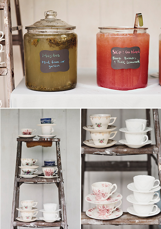 Rustic ladder display with lemonade and vintage tea cups