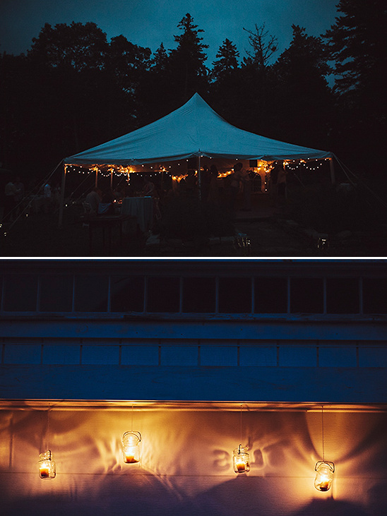 Night wedding tent and mason jar string lights detail