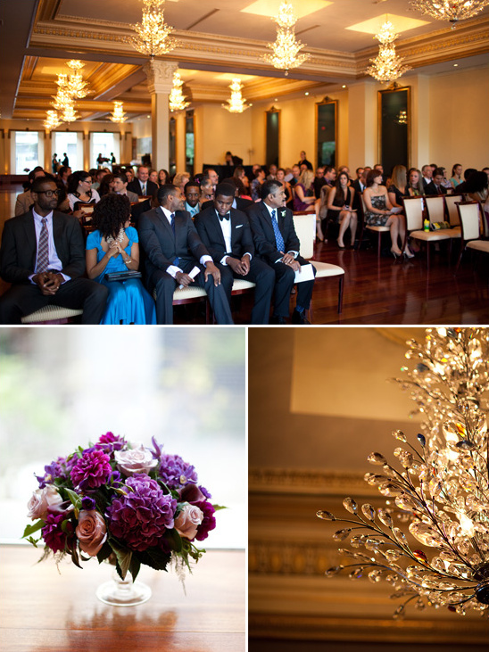 Wedding guests seated for ceremony in elegant hall