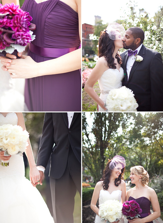 Purple wedding bouquets and bride groom kiss