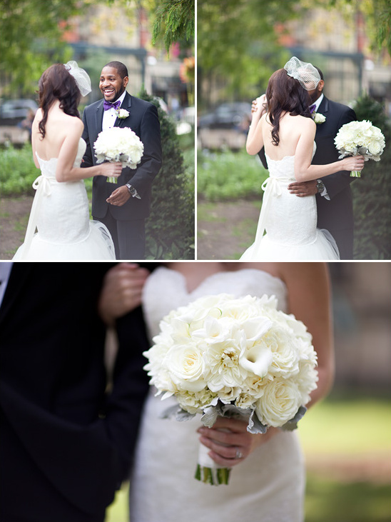 Bride and groom first look with white bouquet
