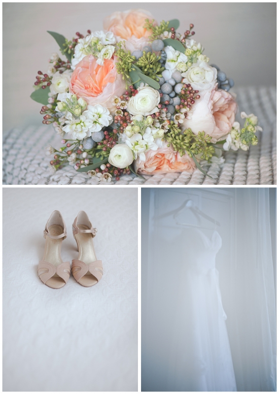 Wedding bouquet, shoes, and dress, perfect for a beautiful bride