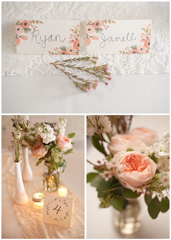 Wedding table decor with floral details and name cards