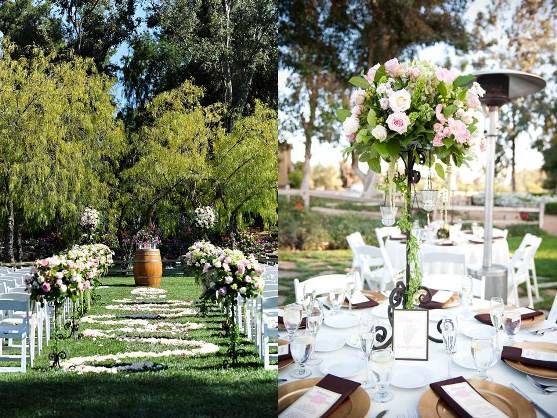 Romantic outdoor wedding ceremony and reception decor