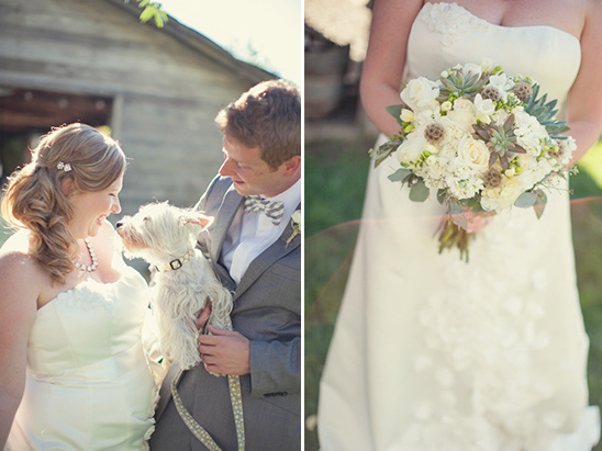 Bride and groom with dog celebrate wedding day outdoors