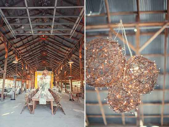 Rustic wedding venue with string lights and long table decor