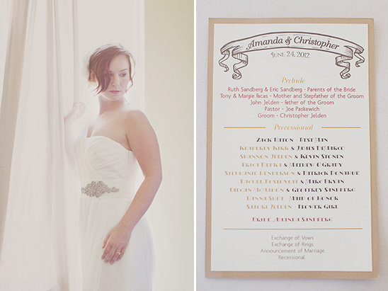 Bride in white dress by window with wedding program beside