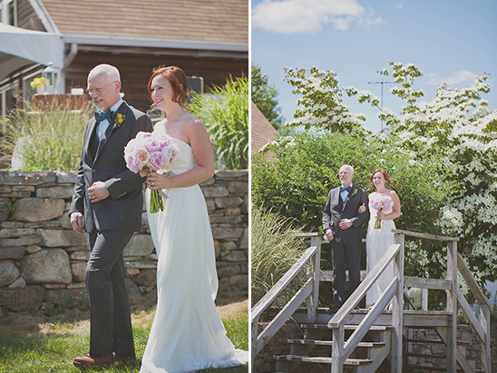 Bride and father walking down the aisle on a bright sunny day