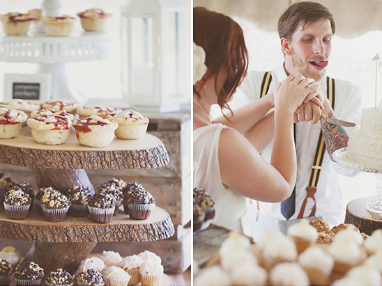 Wedding dessert table with cupcakes, pies, and couple cutting cake
