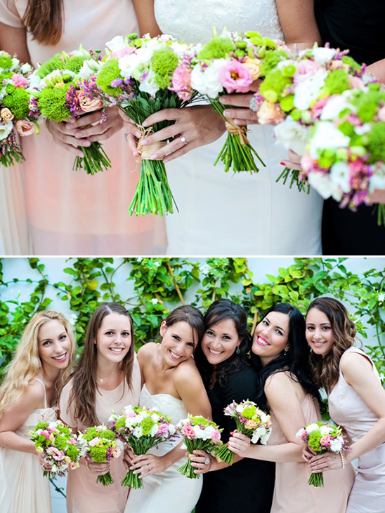 Beautiful bridesmaids bouquets with green and pink flowers