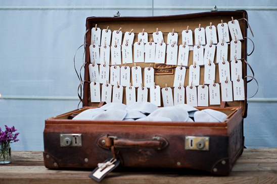 Vintage suitcase filled with wedding guest name tags