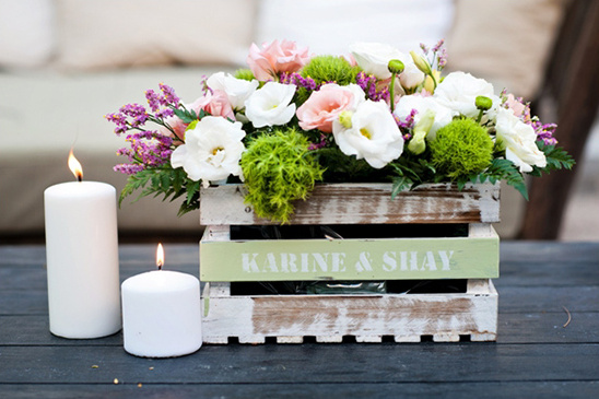 Rustic wooden crate with Karine & Shay's wedding flowers