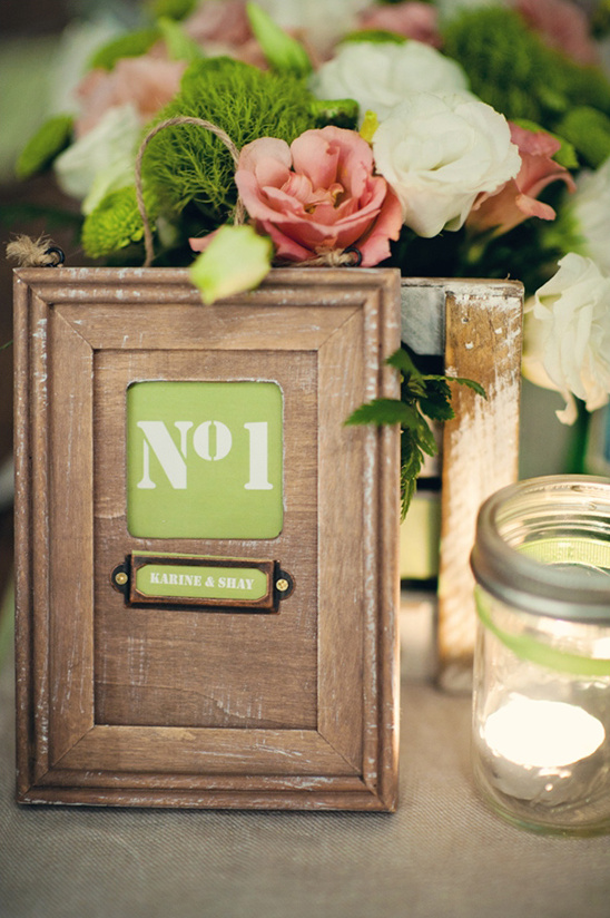 Rustic wedding table number one sign for Karine and Shay