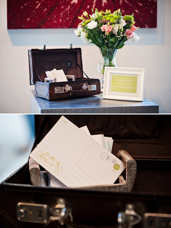 Vintage suitcase filled with wedding guest postcards