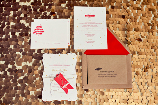Elegant wedding invitations with red accents on gold background
