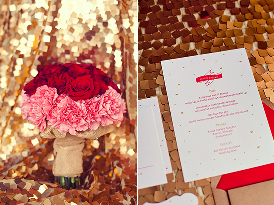 Wedding bouquet with menu card on a gold background
