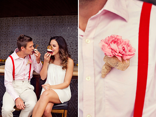 Couple sharing cupcakes, groom with pink boutonniere