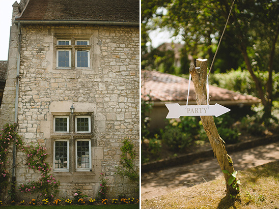 Stone building with party sign