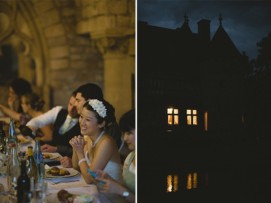 Bride at wedding reception with illuminated building
