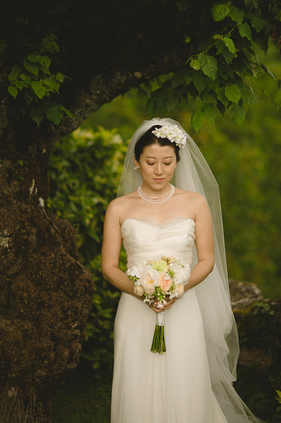Beautiful bride in white wedding dress holding bouquet