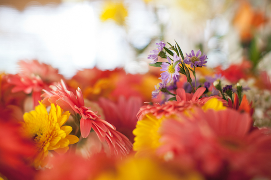 Colorful bouquet of yellow pink and purple flowers