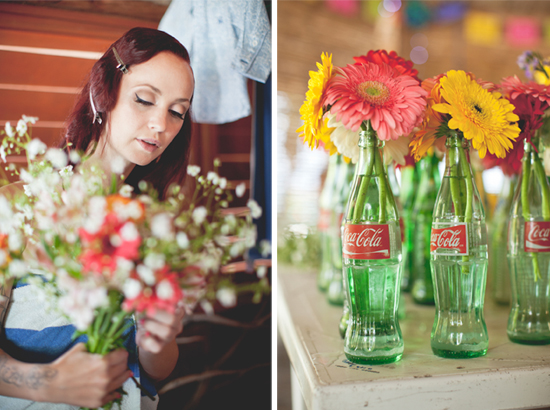 Bride with bouquet and flowers in Coca Cola bottles