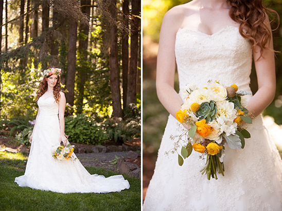Bride in a floral crown holds a yellow and white bouquet
