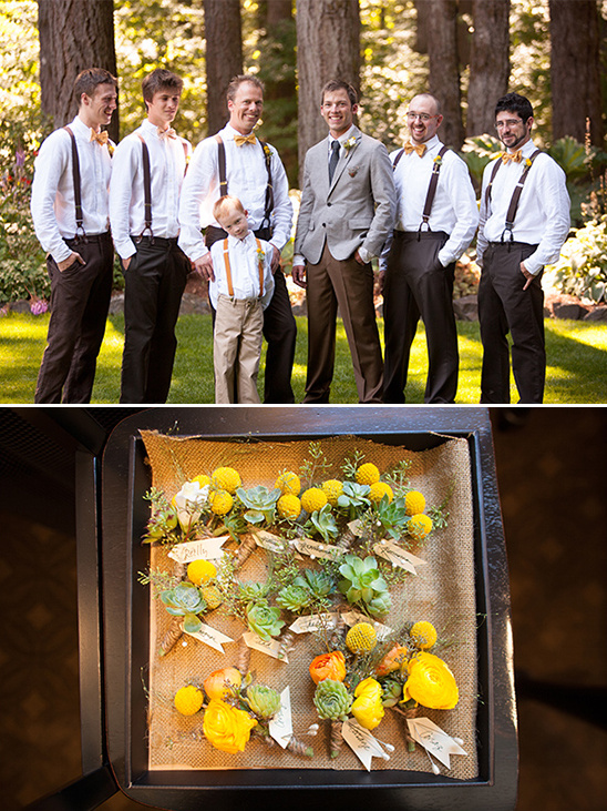 Groomsmen in suspenders and boutonniere flower details