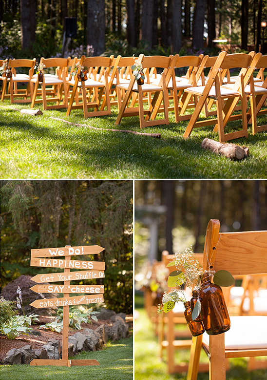 Wooden wedding chairs and signage: We Do! Happiness