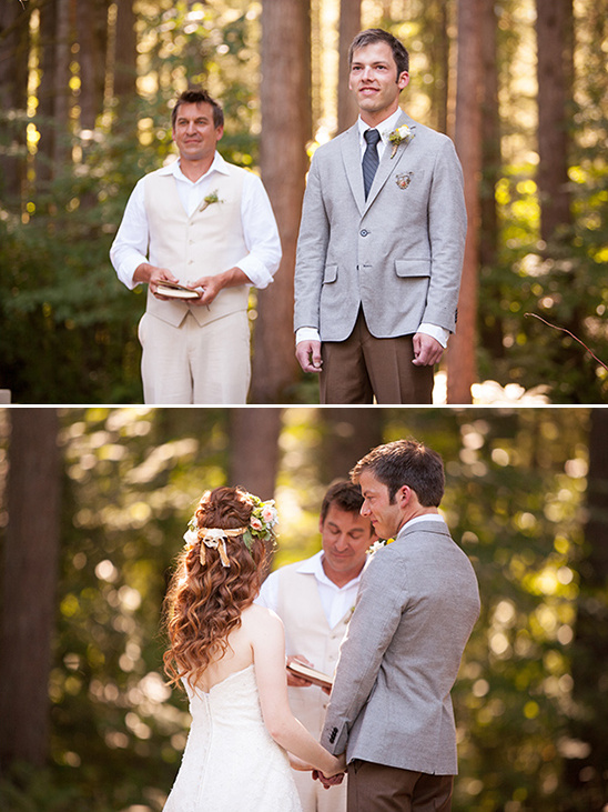 Outdoor wedding ceremony in the woods with happy couple