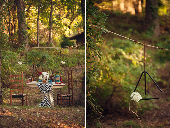 Boho forest wedding decor triangle art and dinner table