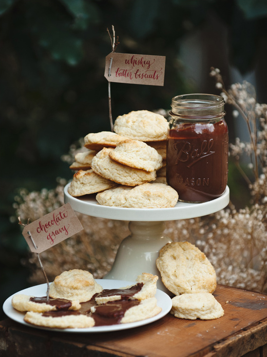 Whiskey biscuits and chocolate gravy on cake stand