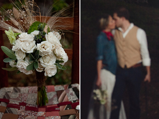 Rustic wedding with white roses and kissing bridegroom
