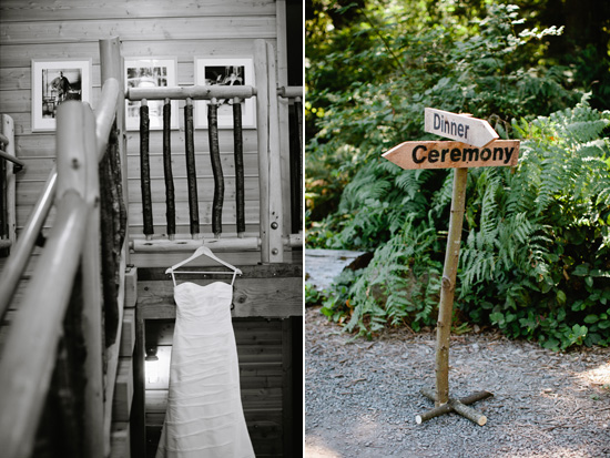 Elegant wedding dress hanging with signs for ceremony and dinner