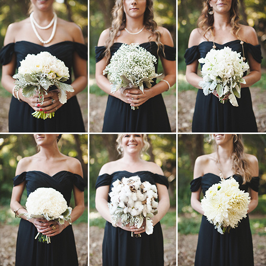 black bridesmaid dresses and white bouquets