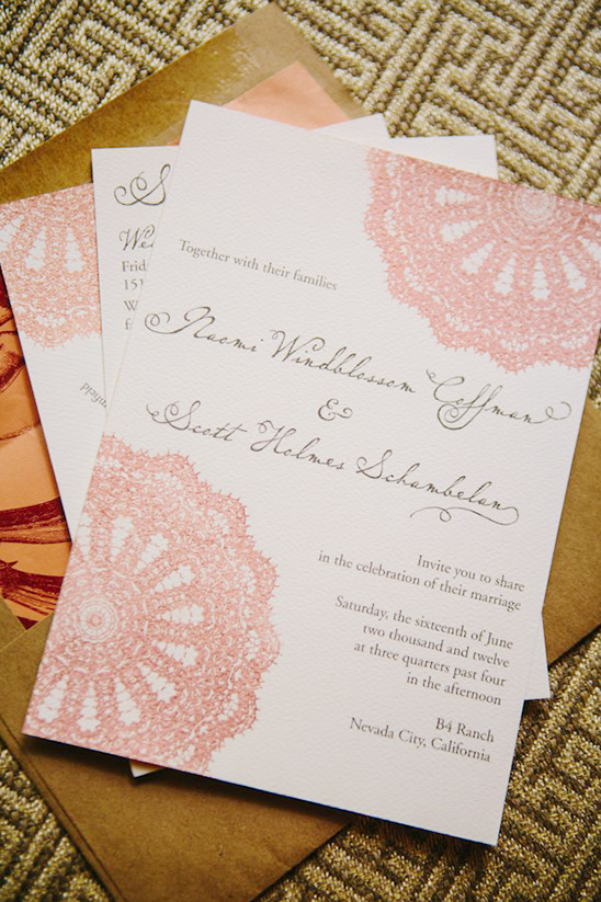 Elegant wedding invitations with pink lace and calligraphy details
