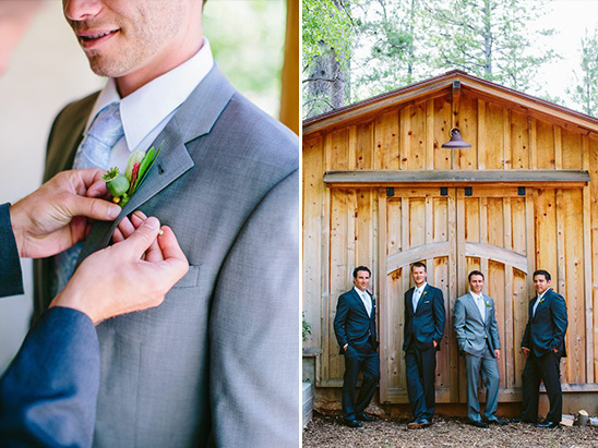 Groom getting his boutonniere fixed with groomsmen posing outside the venue