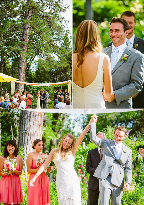 Wedding couple celebrates in an outdoor ceremony, happy moment