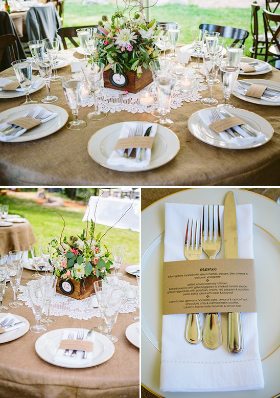 Elegant wedding table setting with floral centerpiece, ready to eat