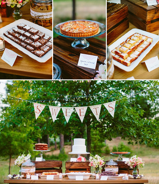 Outdoor dessert table display with cakes, pies, and brownies