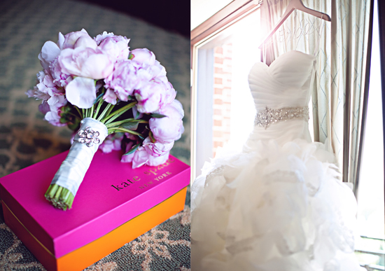 Wedding dress and bridal bouquet details, ready for the big day